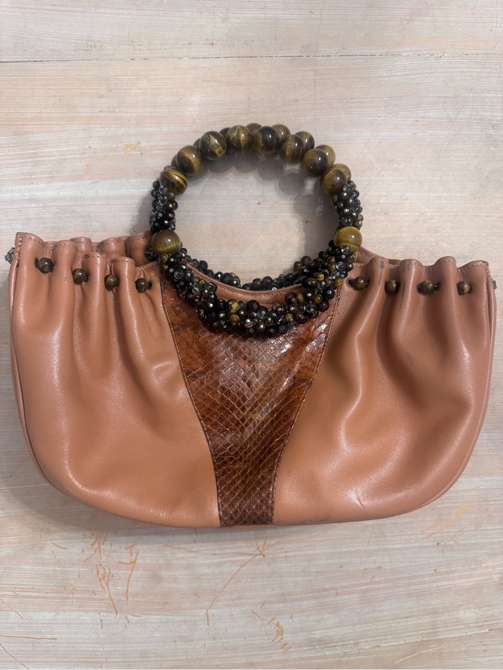 Rare Vintage Taryn Nicole Beaded Tiger's Eye & Leather Handbag